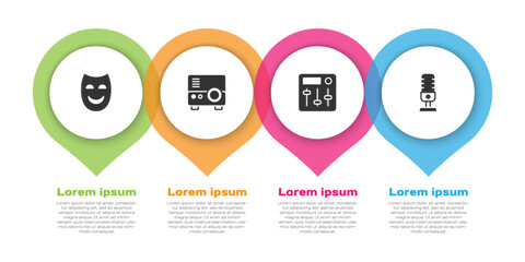 Set Comedy theatrical mask, Media projector, Sound mixer controller and Microphone. Business infographic template. Vector