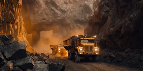 Mining dump truck goes through a huge quarry, concept of Extractive industry, created with Generative AI technology