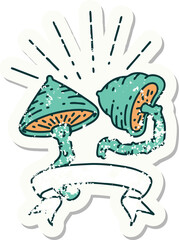 worn old sticker of a tattoo style mushrooms
