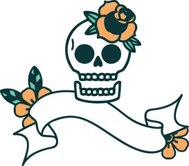 traditional tattoo with banner of a skull and rose