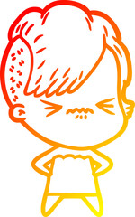 warm gradient line drawing of a cartoon annoyed hipster girl