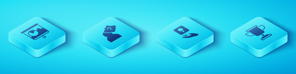 Set Isometric Chalkboard with chart, Head question mark, Award cup and Light bulb icon. Vector