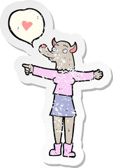 retro distressed sticker of a cartoon werewolf woman in love
