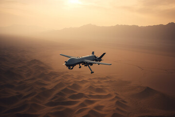 Fototapeta na wymiar close up of an unarmed military reconnaissance drone in the sky flying over a desert made with Generative AI