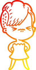 warm gradient line drawing of a cartoon annoyed hipster girl
