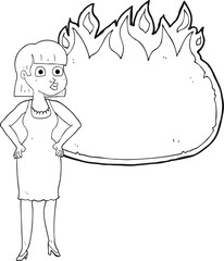 freehand drawn black and white cartoon woman in dress with hands on hips and flame banner