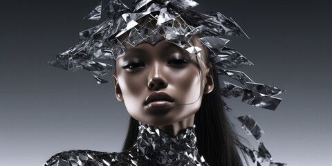 Afroamerikanische Frau Fashion Gesicht mit Glassplitter Explosion Nahaufnahme, ai generativ
