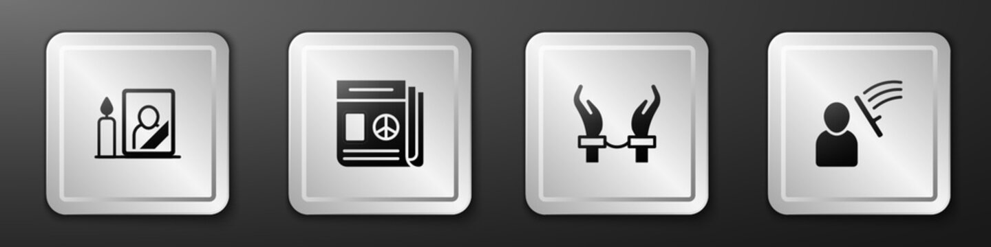 Set Mourning photo frame, News, Handcuffs on hands of criminal and Police beat human icon. Silver square button. Vector