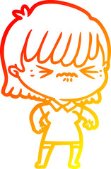 warm gradient line drawing of a annoyed cartoon girl