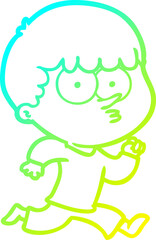 cold gradient line drawing of a cartoon curious boy running