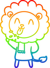 rainbow gradient line drawing of a happy cartoon lion