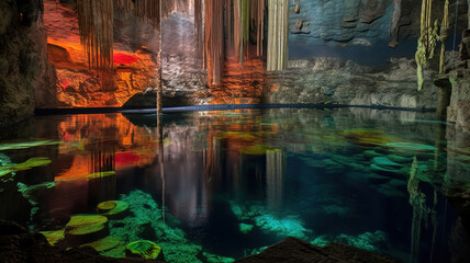 Beautiful sunlight in a cenote of mexico. Generative Ai