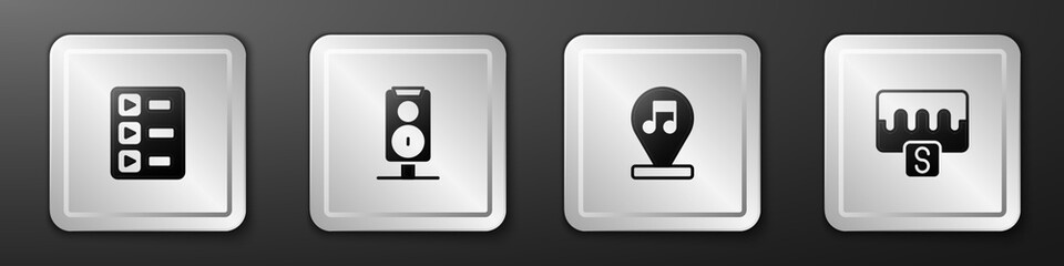 Set Music playlist, Stereo speaker, note, tone and wave equalizer icon. Silver square button. Vector