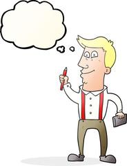 freehand drawn thought bubble cartoon man with notebook and pen