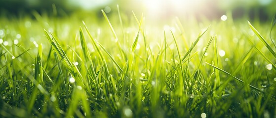 Obraz premium Beautiful wide format natural background macro image of young juicy green grass in bright summer spring morning sunlight