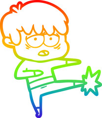 rainbow gradient line drawing of a cartoon exhausted boy doing karate