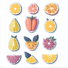 Obraz premium etailed Sticker of Watercolor slice fruit with leaves set on white back ground,