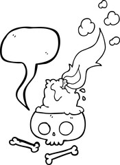 freehand drawn speech bubble cartoon burning candle on skull