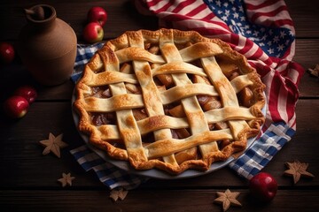 American apple pie and a flag, traditional symbol. 4th of july, Generative AI