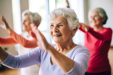 Elderly women doing exercise in the nursing home, senior movement and recreation, never too old for working out. Generative AI - obrazy, fototapety, plakaty