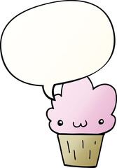 cartoon cupcake with face with speech bubble in smooth gradient style