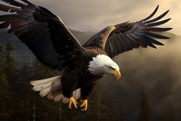 American bald eagle flies over the green forest, USA Indepndence symbol, Generative AI