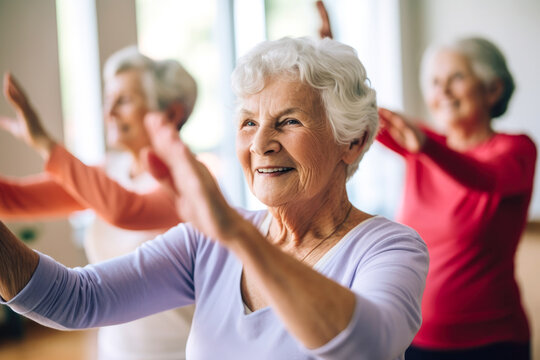 Elderly women doing exercise in the nursing home, senior movement and recreation, never too old for working out. Generative AI