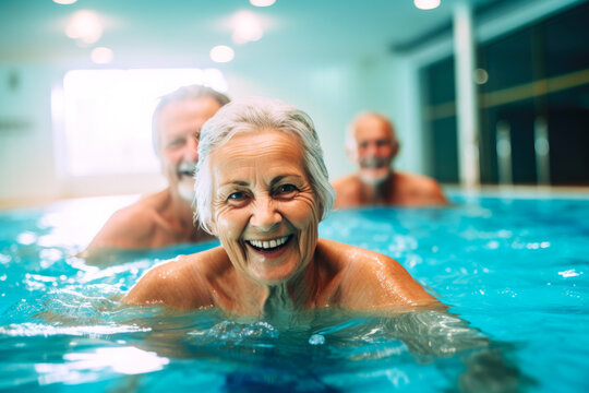 Elderly people doing exercise in swimming pool, seniors practicing water aerobics in pool. Generative AI