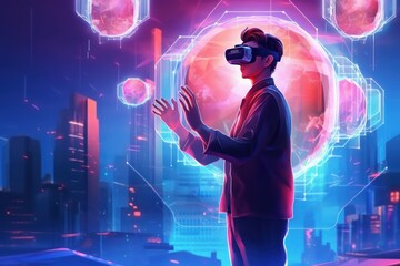 Fototapeta na wymiar Digital cyber world. Metaverse technology, man with virtual reality VR goggle. futuristic metaverse. Generative AI