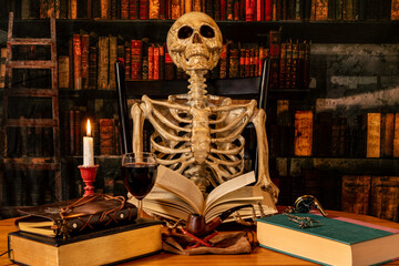 skeleton sitting in retro looking library reading book by candle light with glass of wine