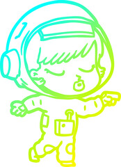 cold gradient line drawing of a cartoon pretty astronaut girl pointing