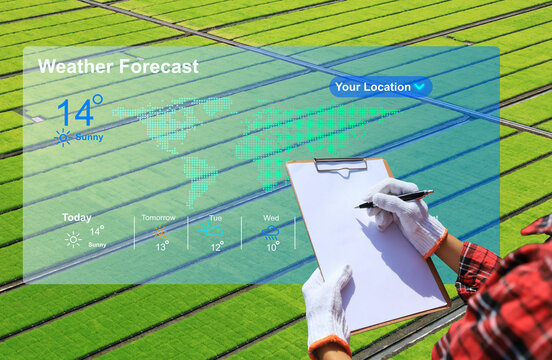 Farmer holding clipboard and plotting vegetable crops for sale based on weather forecast. Use technology to help in agriculture smart farmer concept.