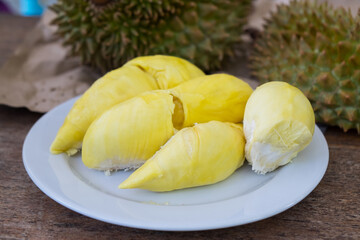 Durian the King of Fruits on White Plate, Ripe and Fresh Golden Durian with Tasty Sweet Fruit