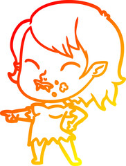 warm gradient line drawing of a cartoon vampire girl with blood on cheek