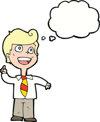 cartoon school boy raising hand with thought bubble
