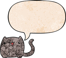 cartoon cat with speech bubble in retro texture style