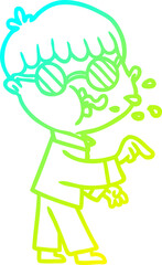 cold gradient line drawing of a cartoon boy wearing spectacles and making point