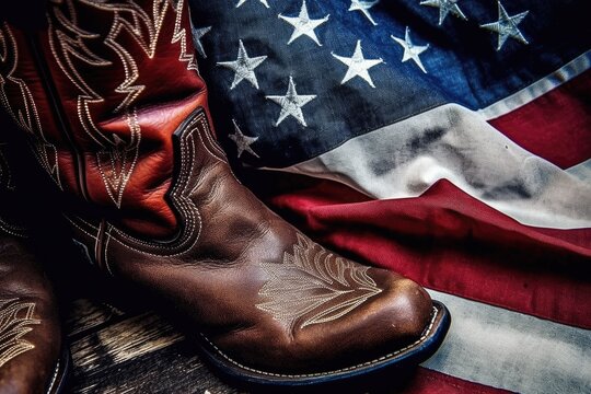leather cowboy boots and the American flag as symbols of American history, freedom and independence, Generative AI