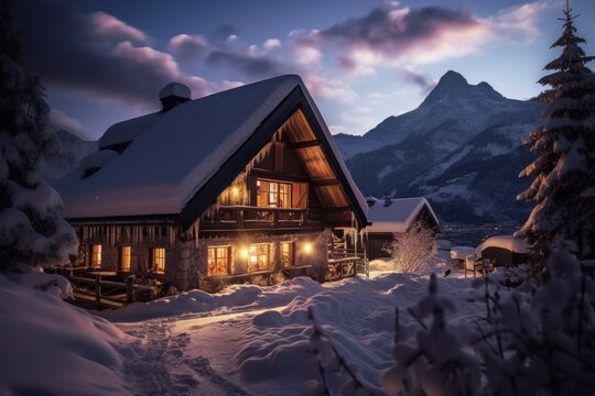 christmas evening landscape with house in the mountains, ai tools generated image