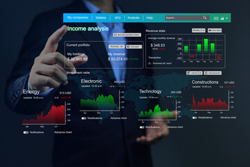 Businessman analyzing investment earnings through dashboard on virtual screen with investments in various industries such as construction, technology, electronics, energy. Investment analysis concept.