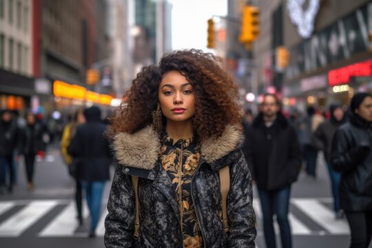 street photo portrait of a young beautiful woman in New York, ai tools generated image