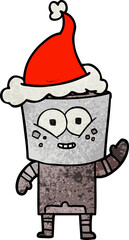 happy hand drawn textured cartoon of a robot waving hello wearing santa hat