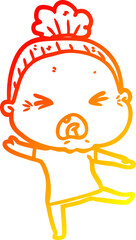 warm gradient line drawing of a cartoon angry old woman