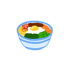 Bibimbap vector flat illustration. Asian bowl with eggs, beef, vegetables. Korean cuisine food. Editable lunch