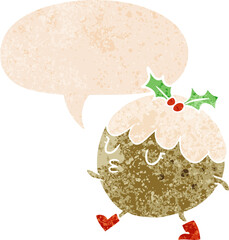 cartoon chrstmas pudding walking with speech bubble in grunge distressed retro textured style