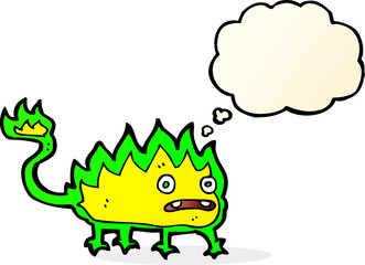 cartoon little fire demon with thought bubble