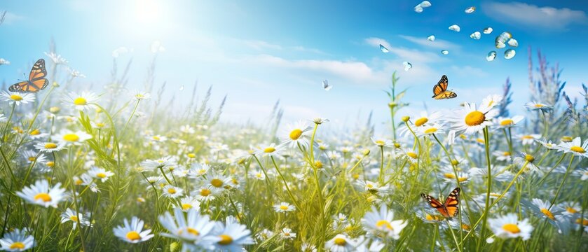 Bright spring or summer cheerful image of field of blooming meadow flowers daisy and butterflies fluttering above it against backdrop of bright blue sky in nature