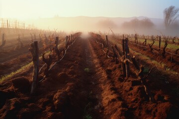 soil surface in vineyards, orchards, and horticultural fields, on misty and foggy conditions during early morning before sunrise. Generative AI