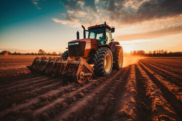 Fototapeta premium tractor with Roller, Compacting and leveling the soil, seedbed field preparation during early morning sunrise, Generative AI