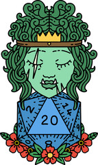 Retro Tattoo Style half orc barbarian with natural twenty dice roll